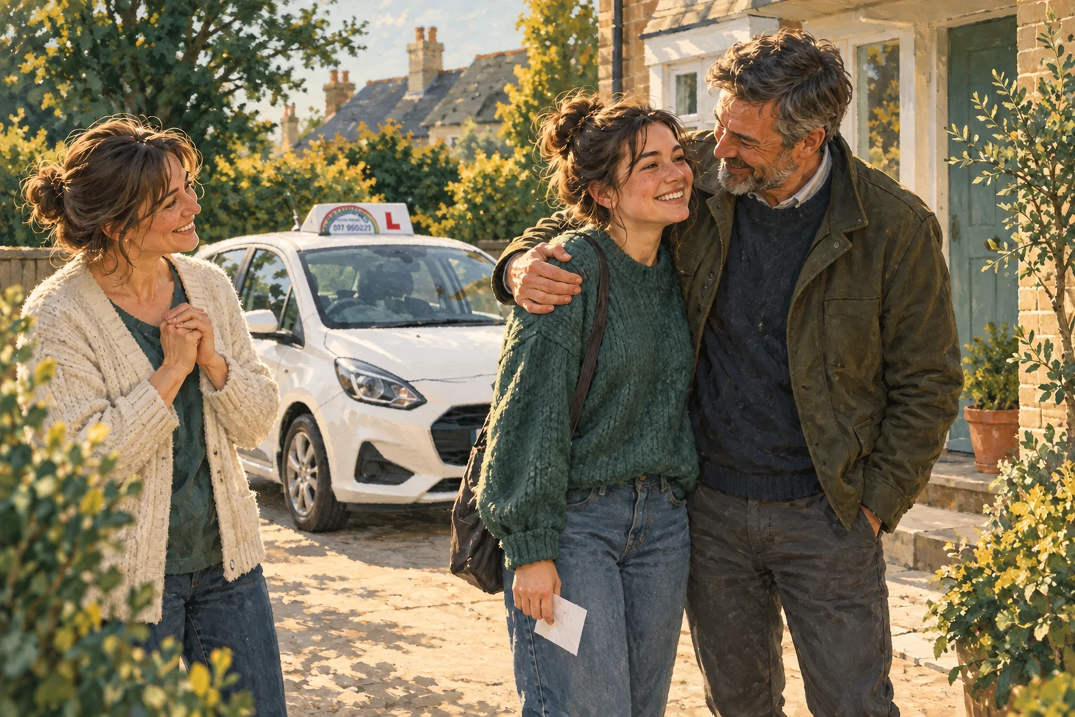 Illustration of a learner sharing the joy of passing their driving test with family outside their home