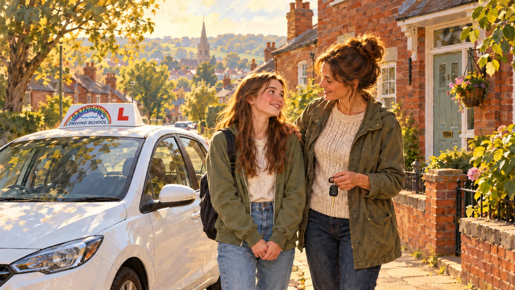 Illustration of a learner and parent beside the Rainbows Driving School car before a first lesson
