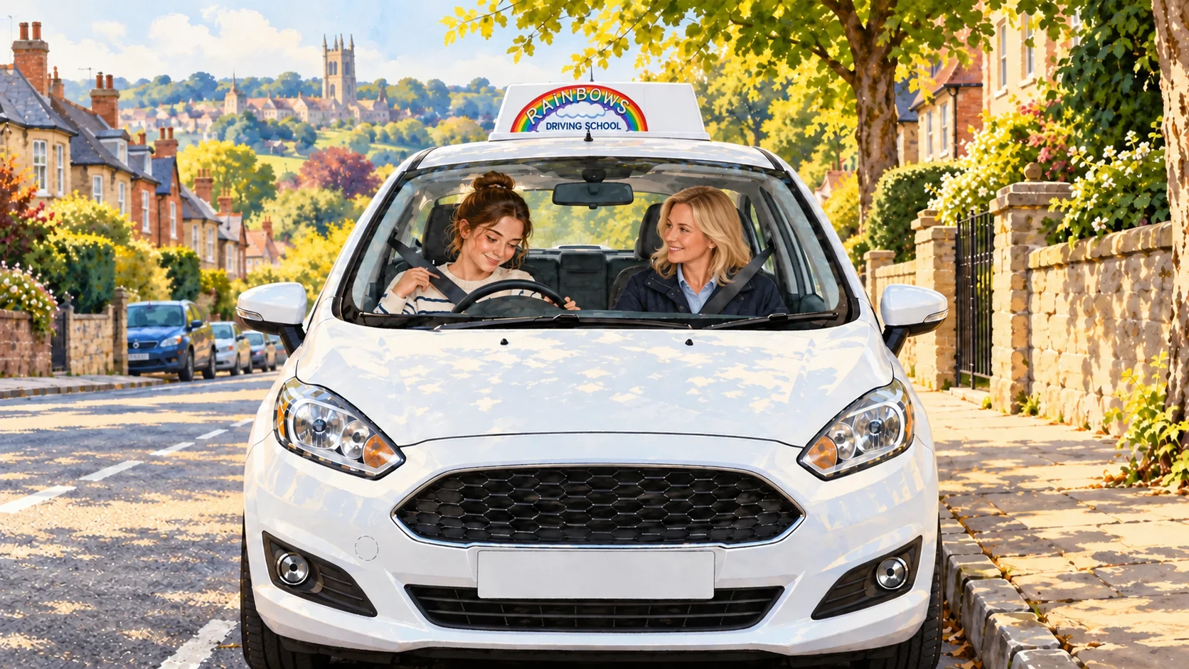 Illustration of a learner checking her seat belt beside a blonde female instructor in a parked Rainbows car
