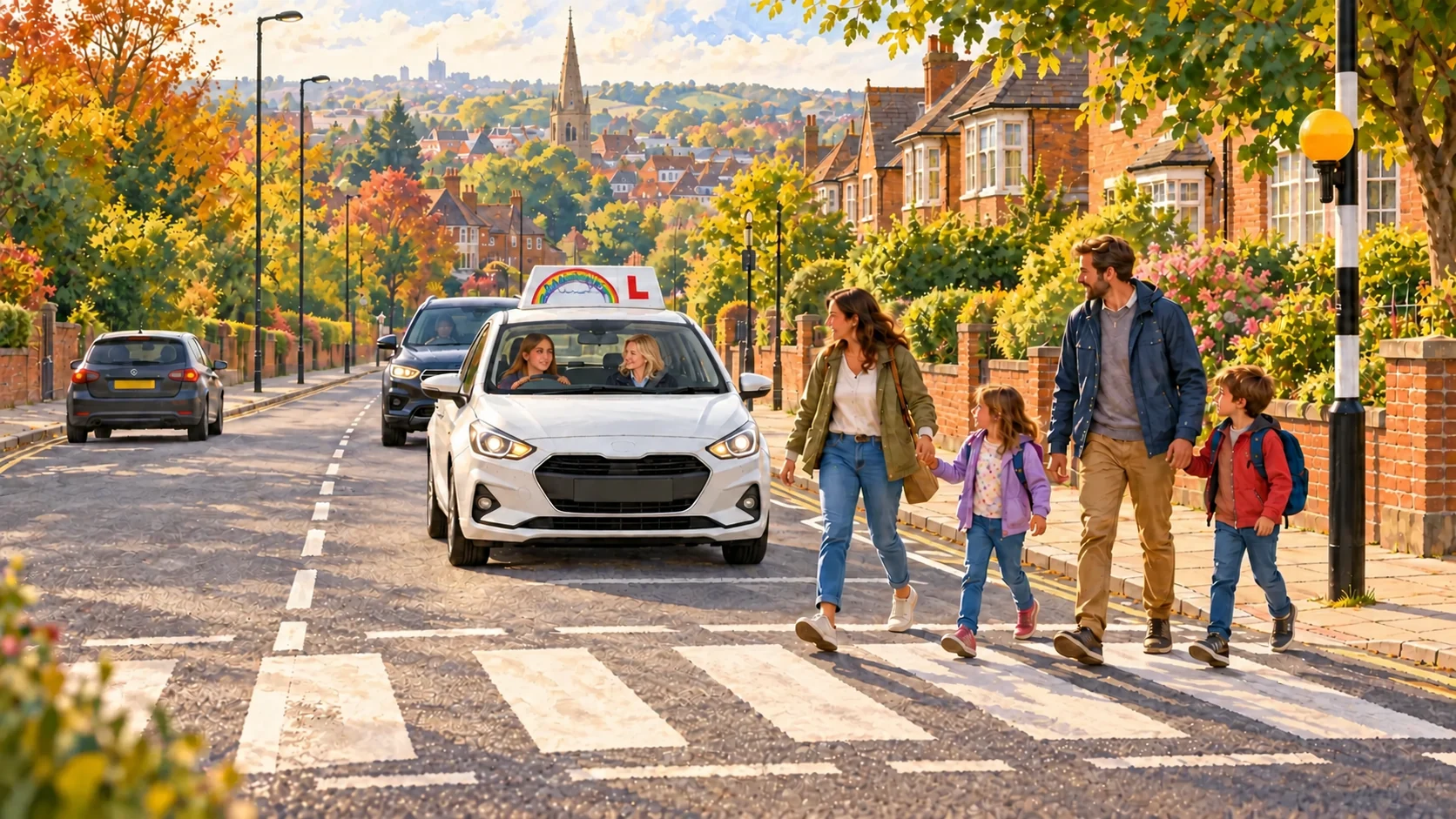 Illustration of a learner and blonde female instructor stopping their Rainbows car before a pedestrian crossing while a family walks across