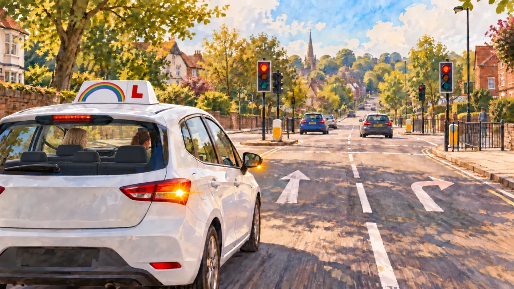 Illustration from behind of a learner and blonde female instructor in a Rainbows car stopped at traffic lights on a town street