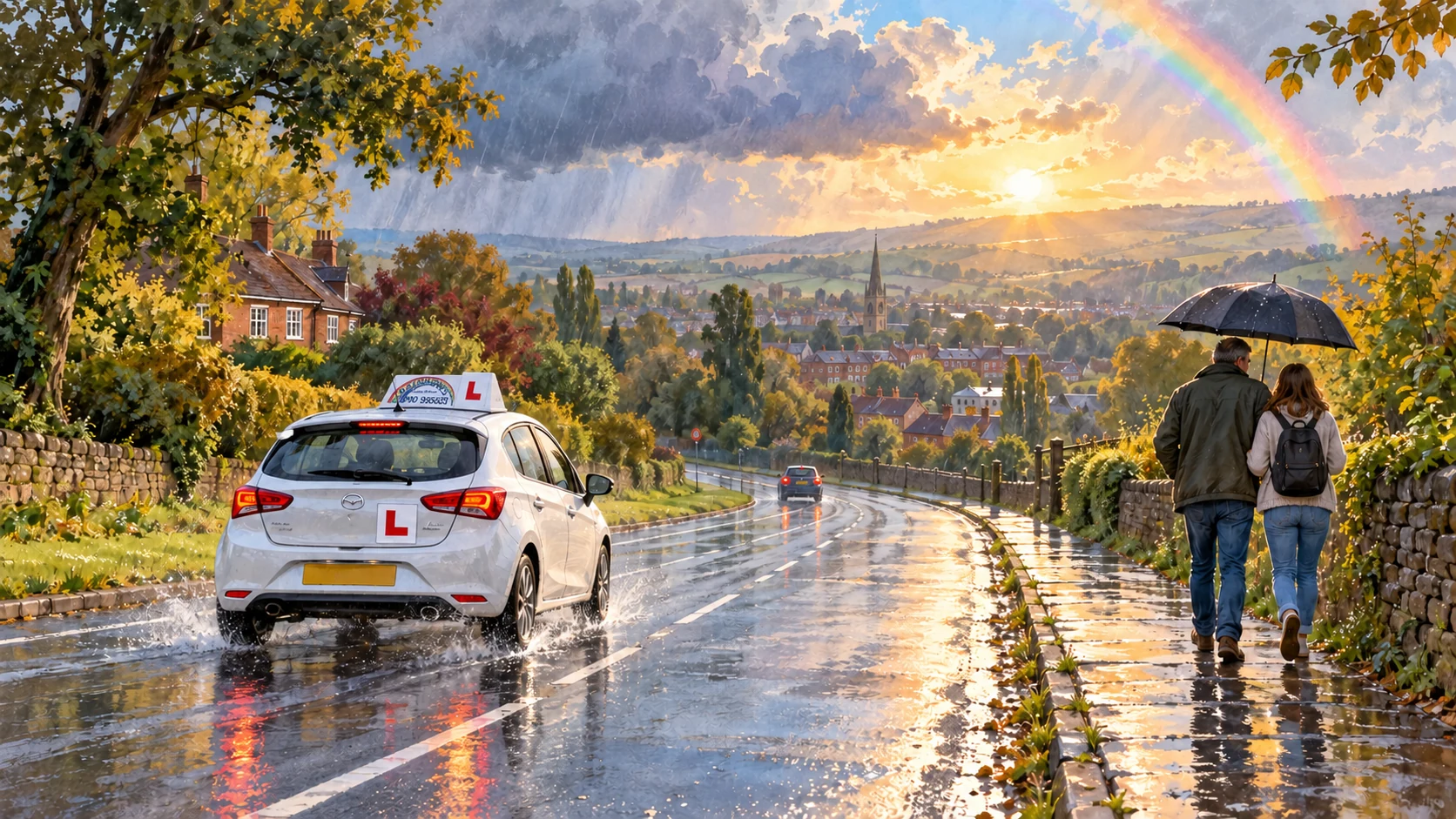 Illustration of a Rainbows learner car on a wet road as clouds clear over a town