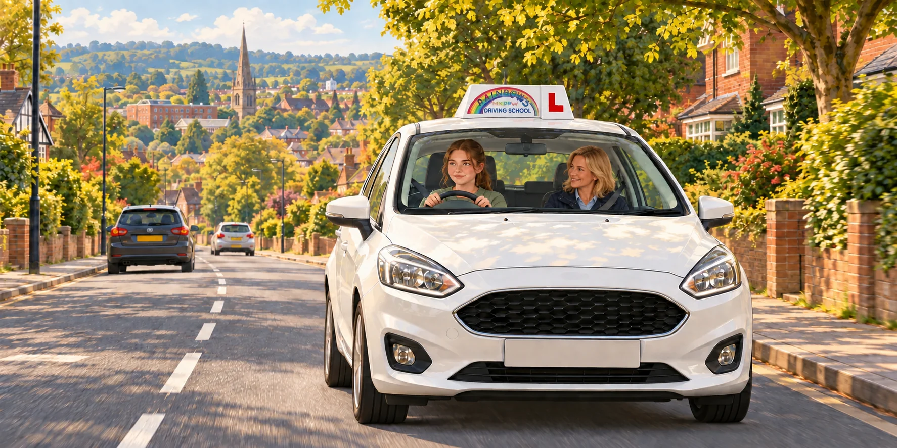 Rainbows learner car on a Redditch-inspired road with an instructor and pupil