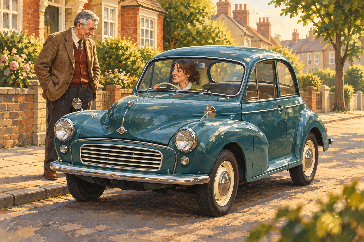 Illustration of a learner in a green 1968 Morris Minor with an encouraging older relative beside her