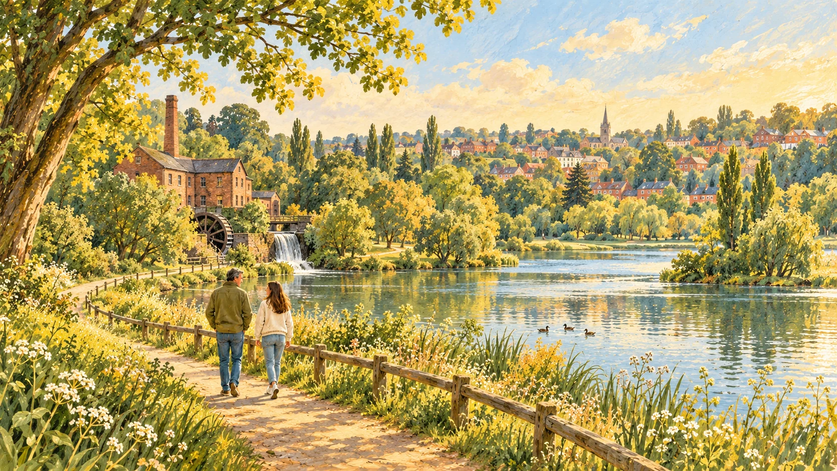 Warm landscape illustration of a family walking beside a lake, with Redditch rooftops and a historic needle mill in the distance