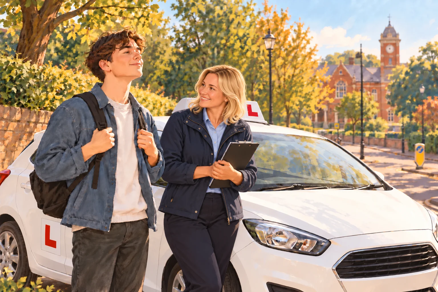 Illustration of a learner driver taking a calm moment beside the learner car